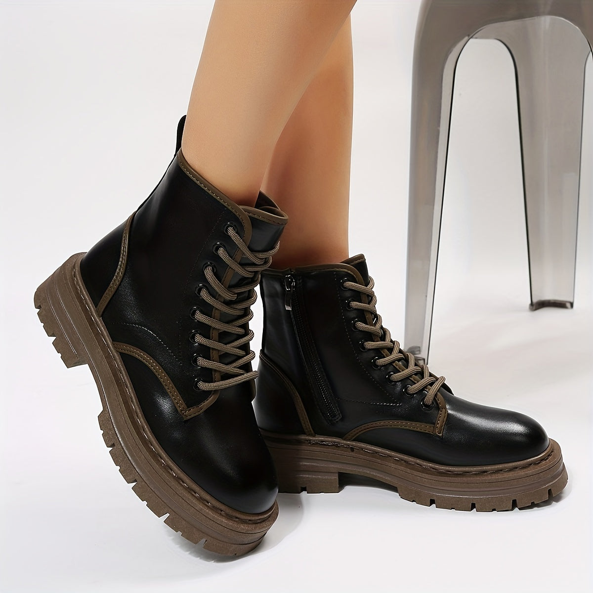 Women's Side Zip Combat Boots Lace Up Platform Chunky Ankle Boots