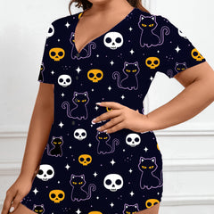  Halloween Sleepwear Romper Women Skull & Cat Print Lounge