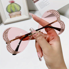 Y2K Rhinestone Heart Sunglasses Glitter Rimless UV400 Sun Shades