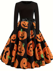  Women's Ghost & Spider Web Print A-Line Dress