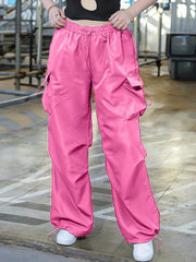  Solid Elastic Drawstring High Rise Cargo Pants