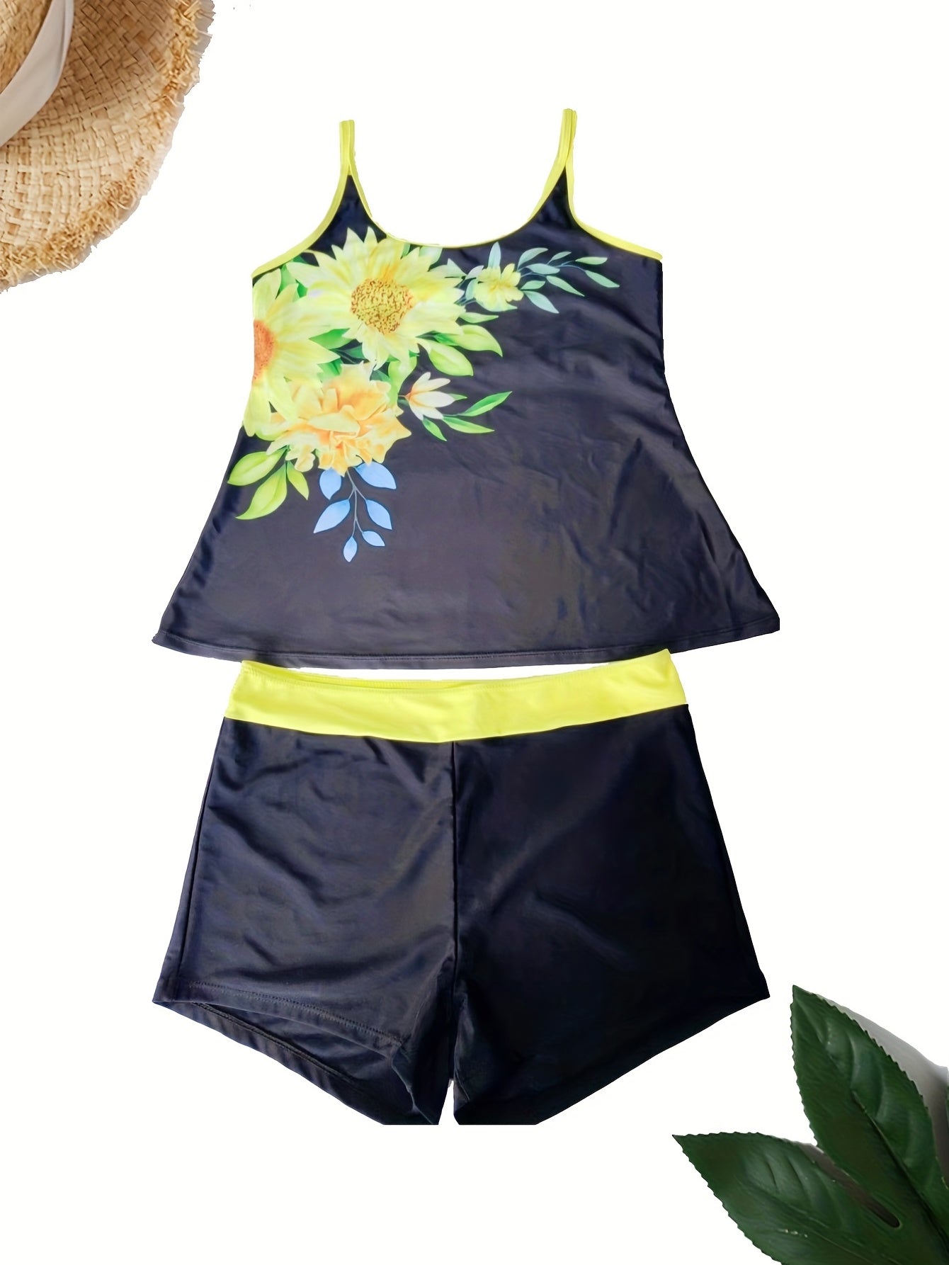  Sunflower Print Tankini Set - Top & Shorts