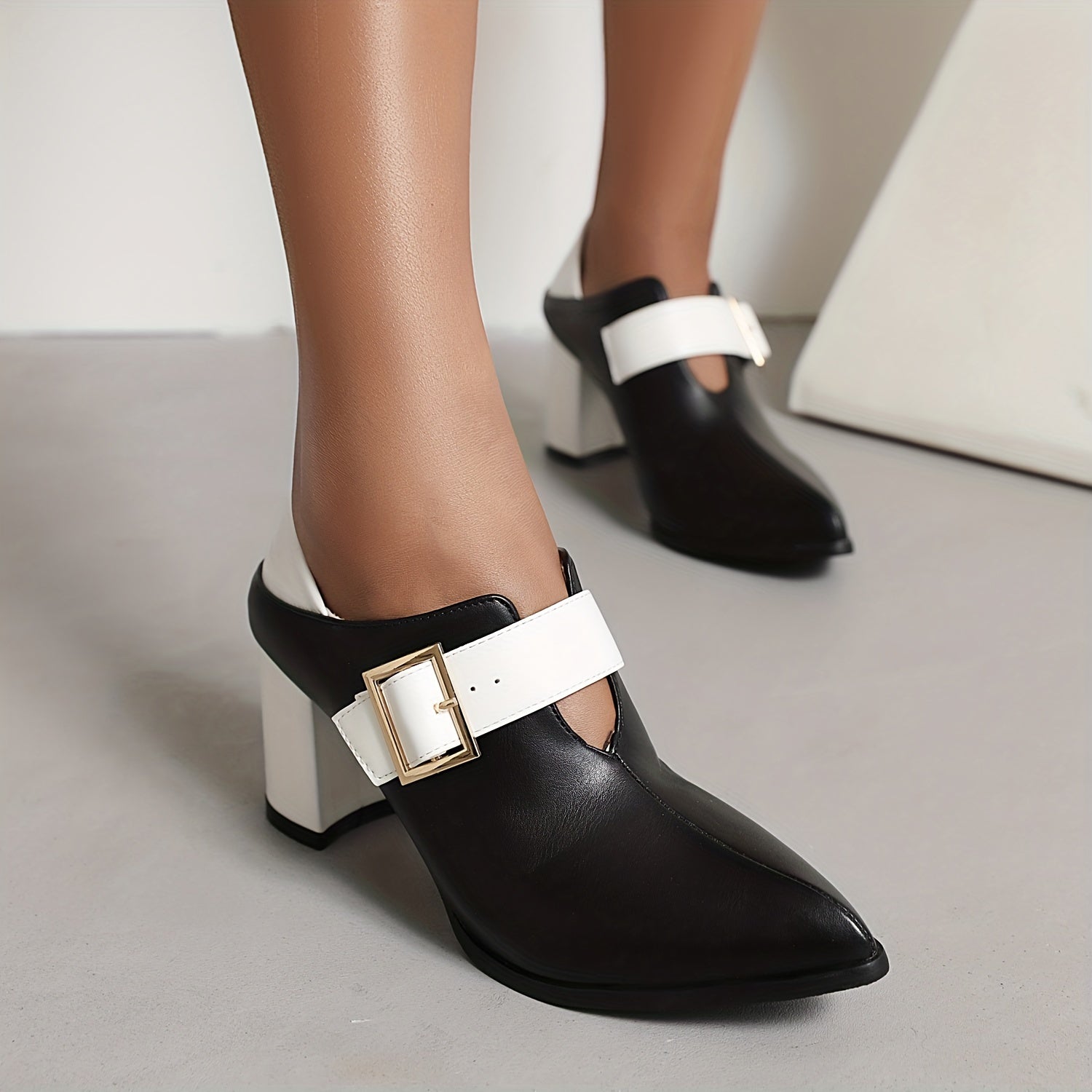 Women's Chunky High Heels Belt & Short Boots Faux Leather Pumps