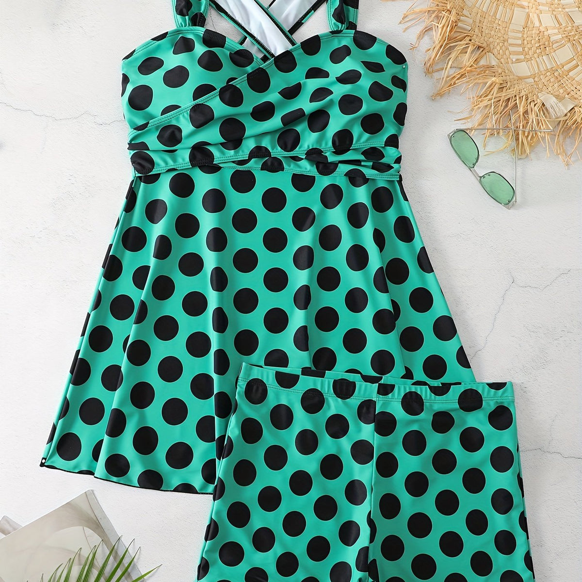  Tetro Tankini Set Polka Dot Print Dress & Shorts