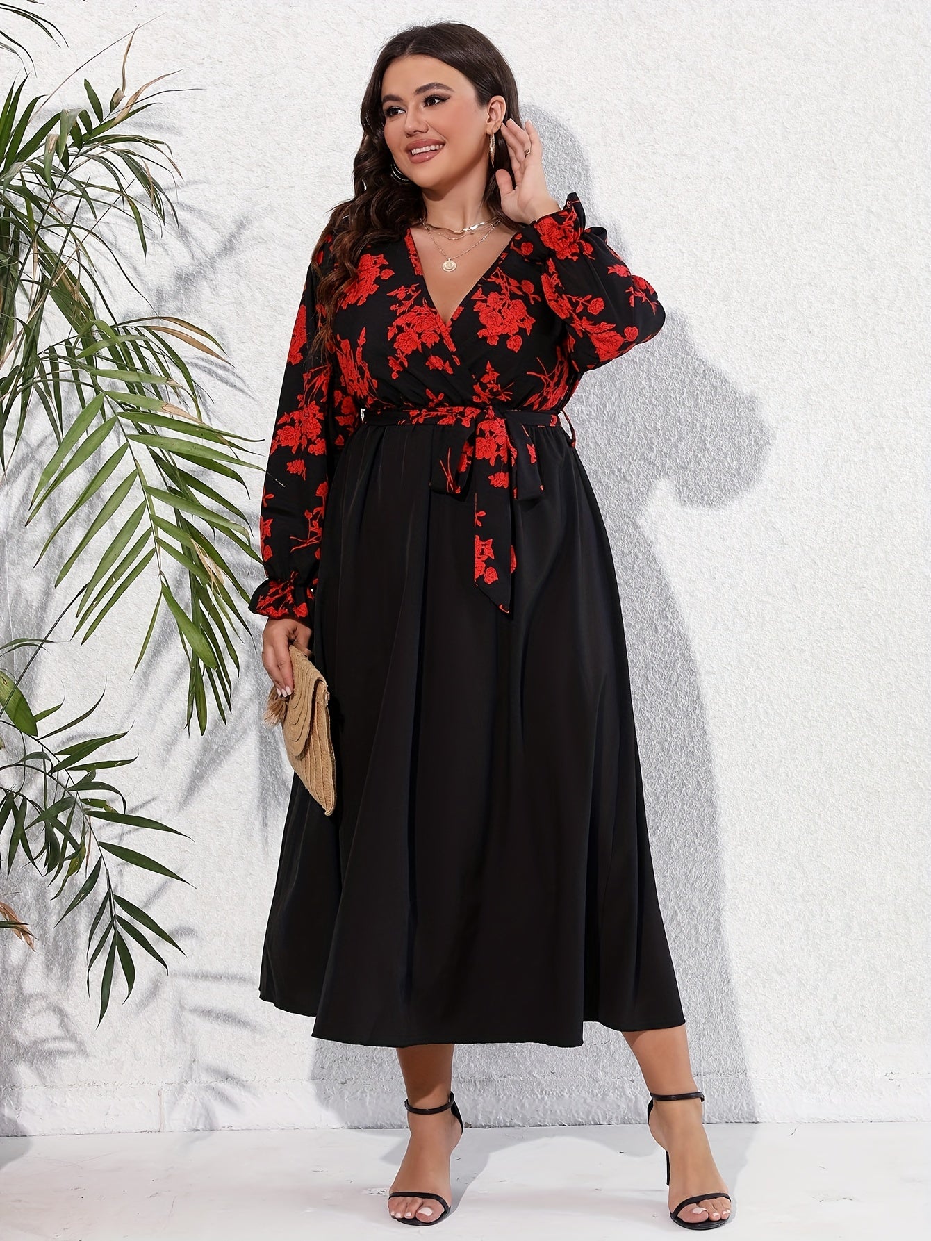  Colorblock Floral Print Surplice Neck Dress