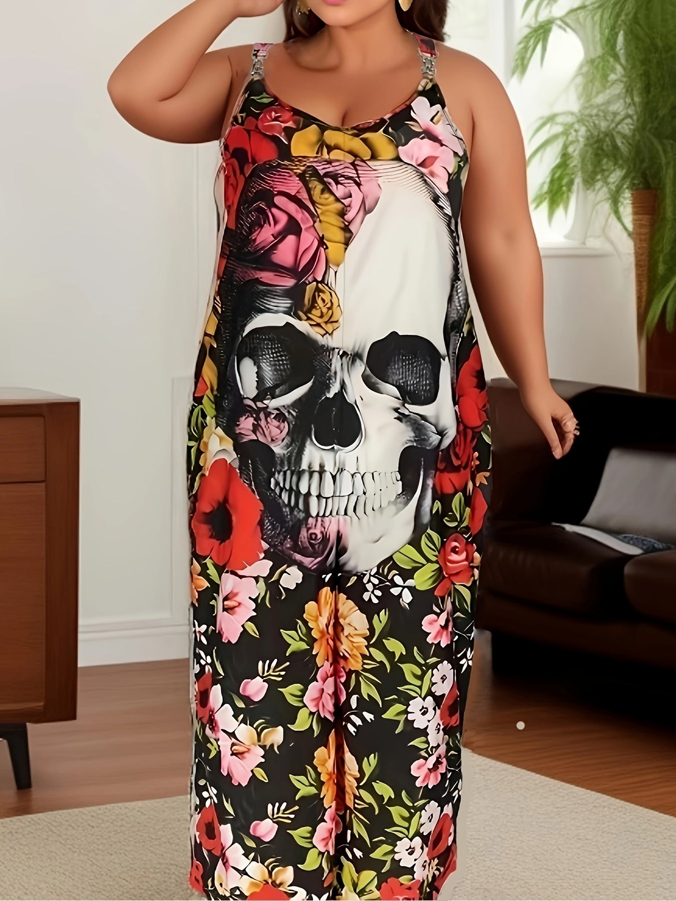  Gothic Skull & Floral Print Wide Leg Cami Jumpsuit