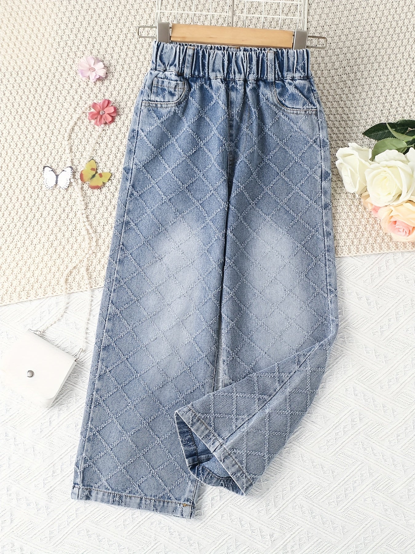Girls Argyle Block Jean Denim Straight Leg Pants