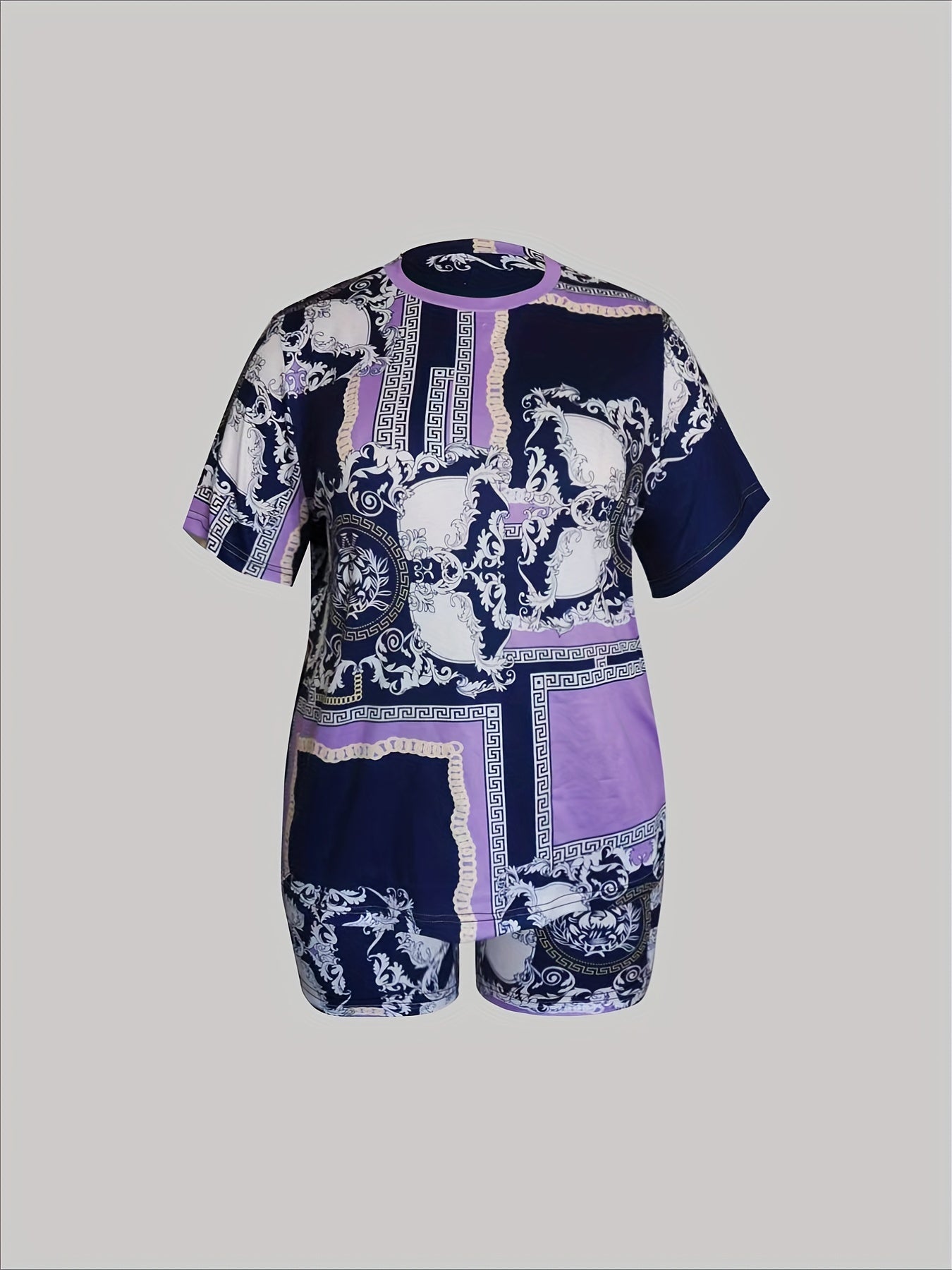  Colorblock Greek & Baroque Print High Rise Top & Shorts Set