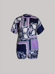  Colorblock Greek & Baroque Print High Rise Top & Shorts Set