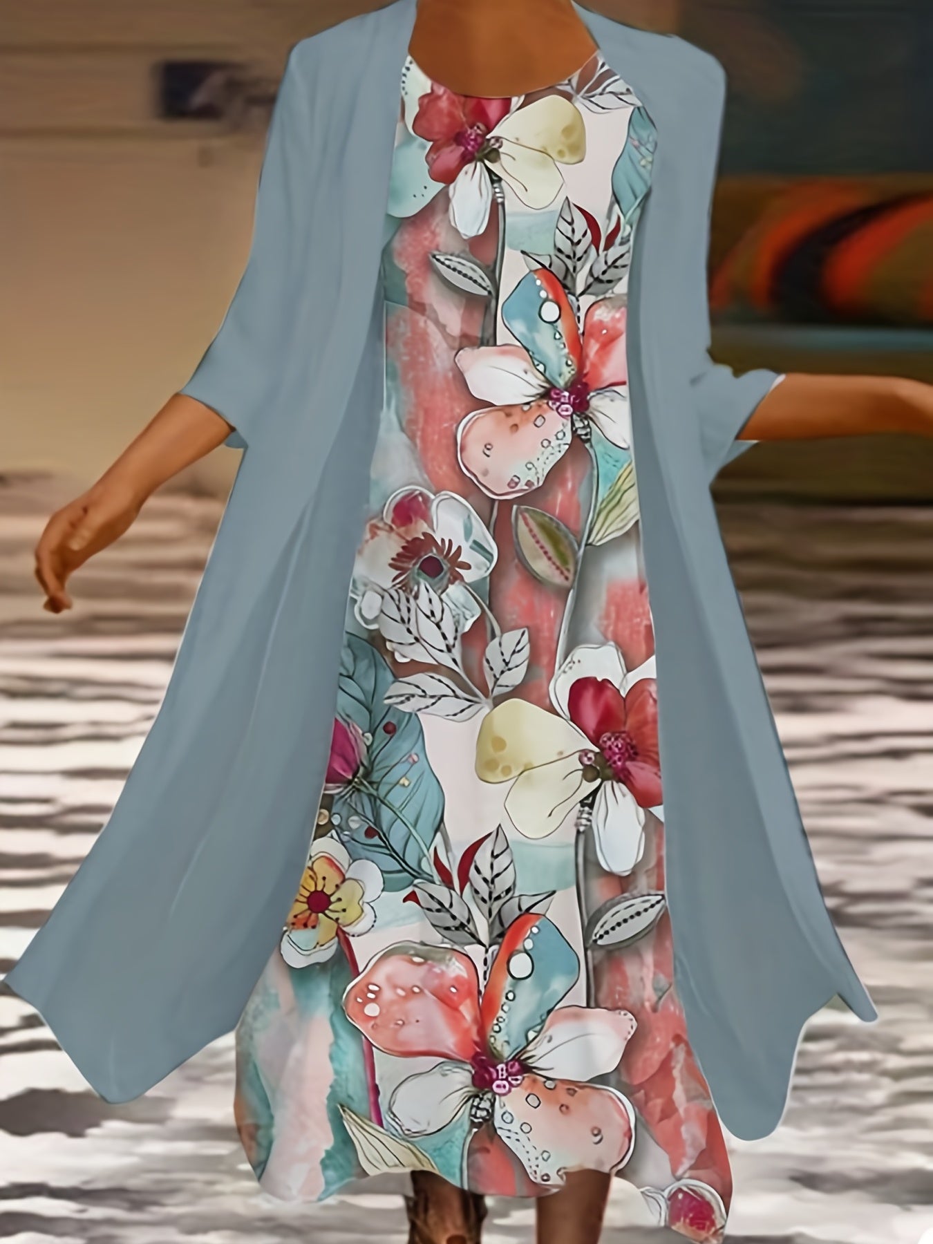 Women's Plus Floral Print Tank Dress & Long Sleeve Coat Set