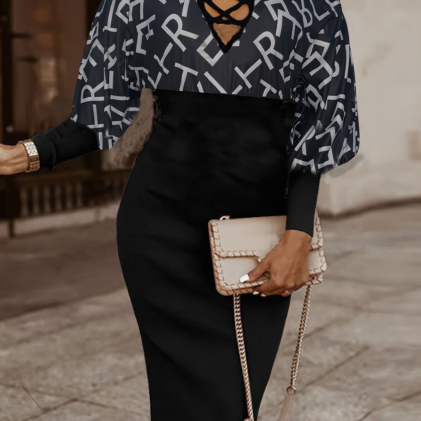  Colorblock Letter Print Lantern Sleeve Bodycon Dress