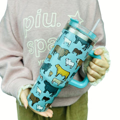 Cow Pattern 40 OZ Tumbler With Handle Stainless Steel Water Cup