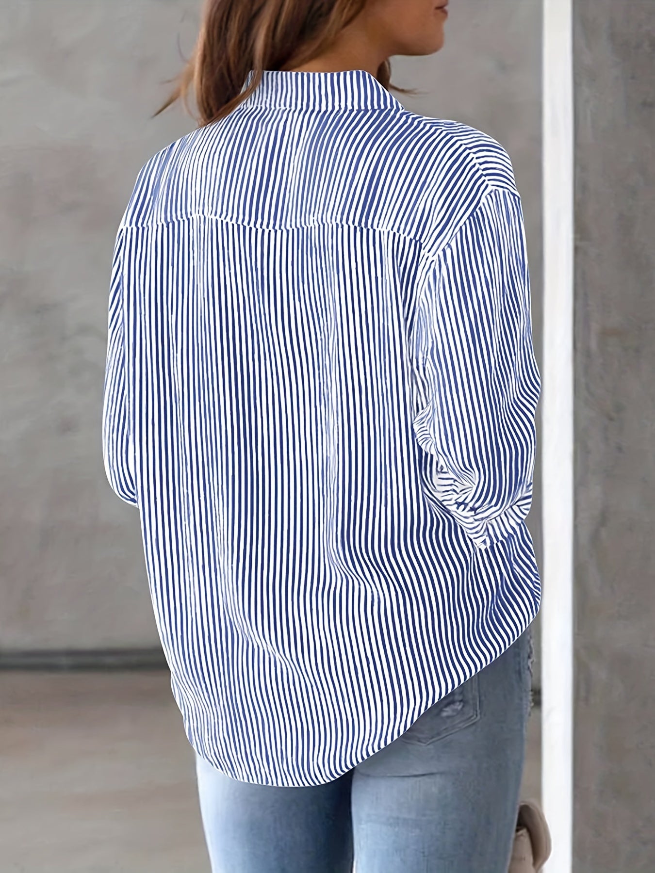  Stripe Print Long Sleeve Button Up Blouse