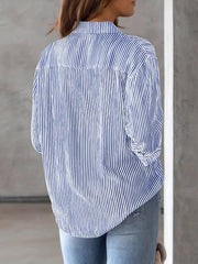  Stripe Print Long Sleeve Button Up Blouse