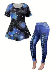  Galaxy Print Peplum Top & Denim Print Leggings Set