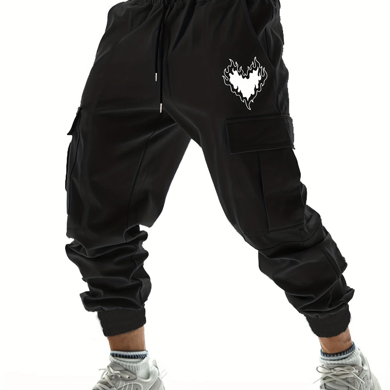 Fiery Heart Pattern Casual Drawstring Cargo Pants Men s Joggers