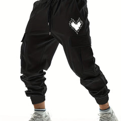 Fiery Heart Pattern Casual Drawstring Cargo Pants Men s Joggers