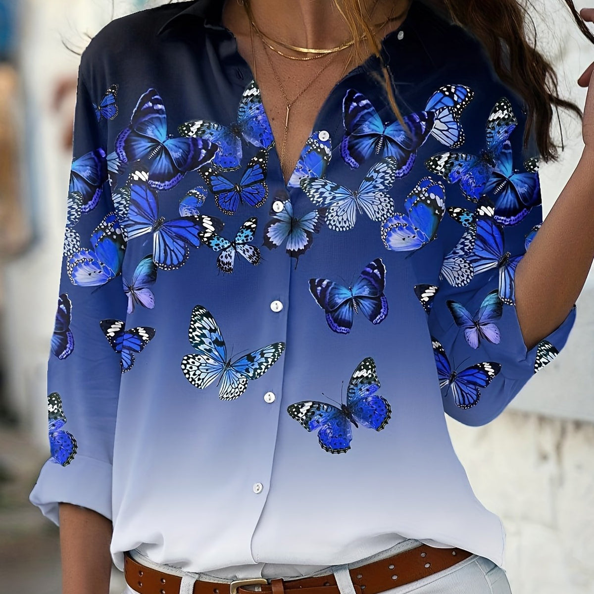  Butterfly & Ombre Print Long Sleeve Button Up Blouse