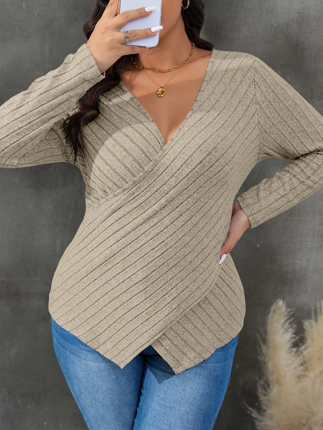  Colorblock Cross V Neck Knit Top Long Sleeve