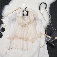 Beads Decor Thin Scarf Silk Women Shawl Mesh Stitching Warm Wrap