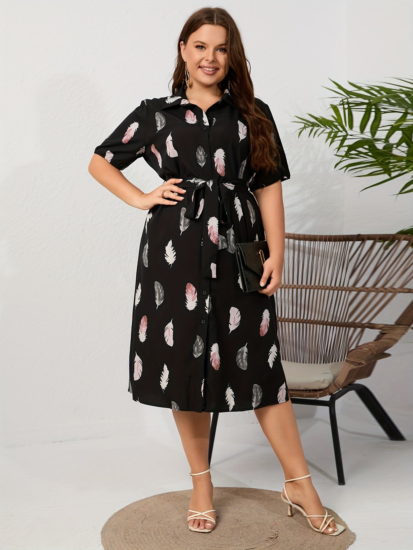 Feather Print Short Sleeve Button Up Shirt Dress
