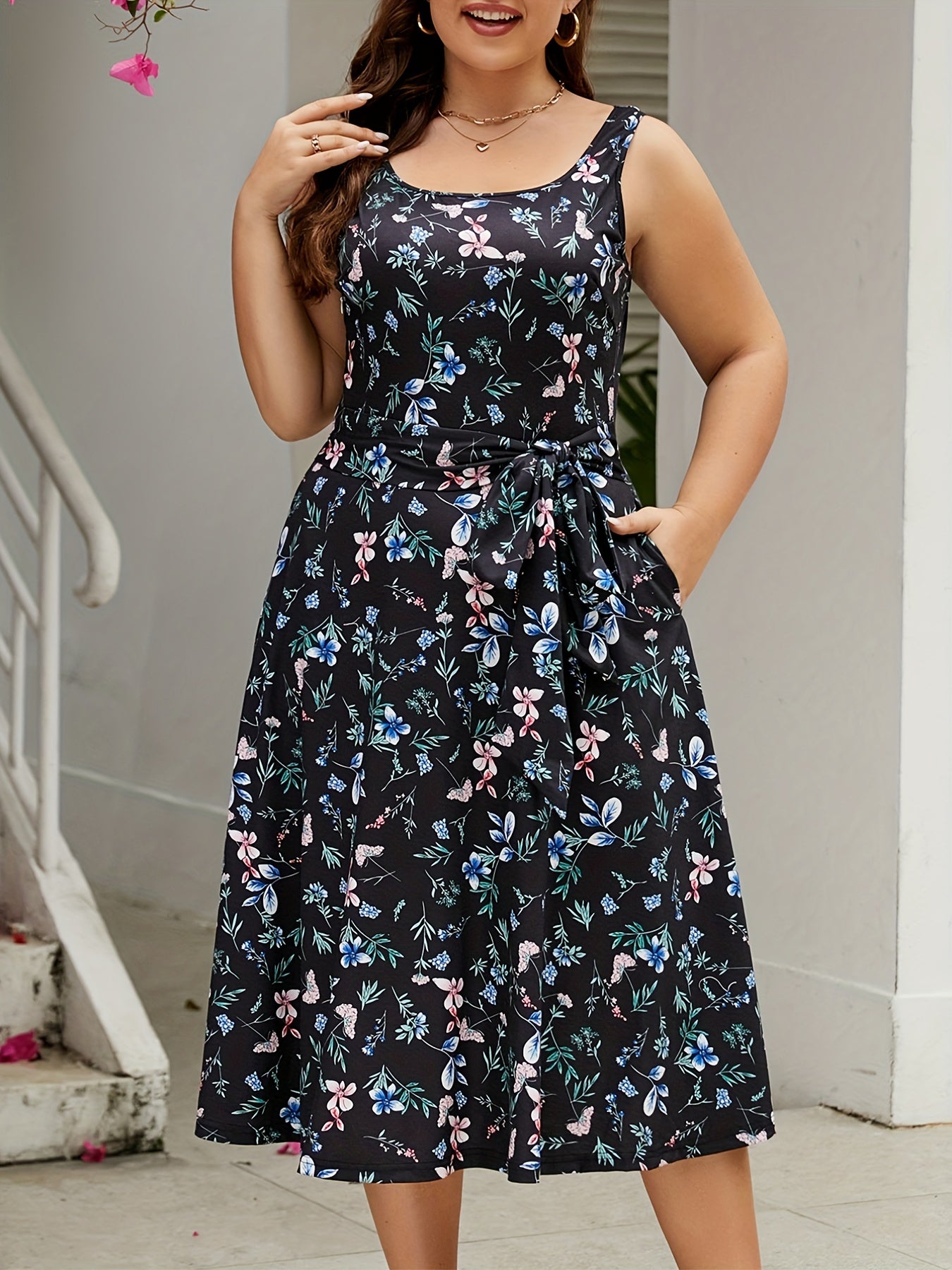 Plus Size Ditsy Print Belted Dress With Belt