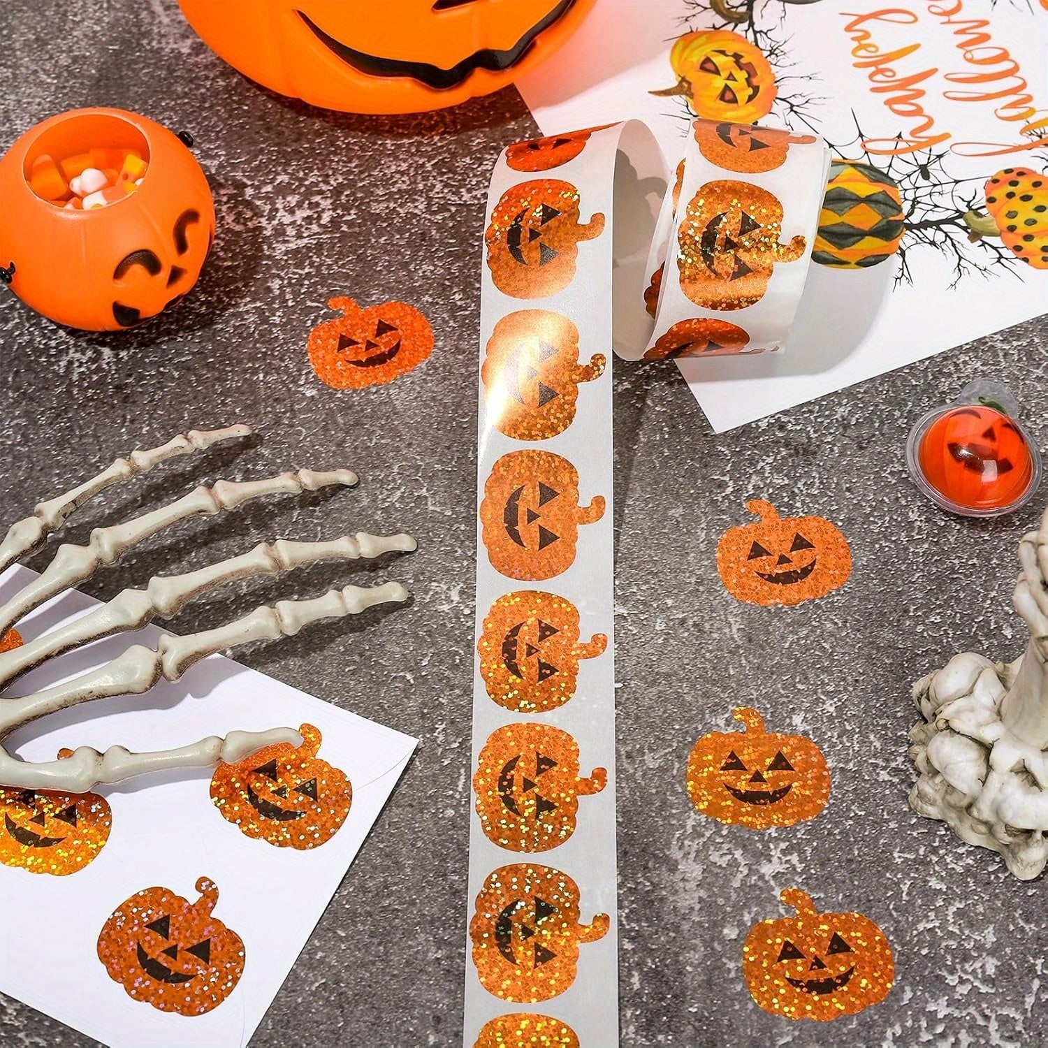 500pcs Holographic Pumpkin Face Stickers Orange Glitter Decals