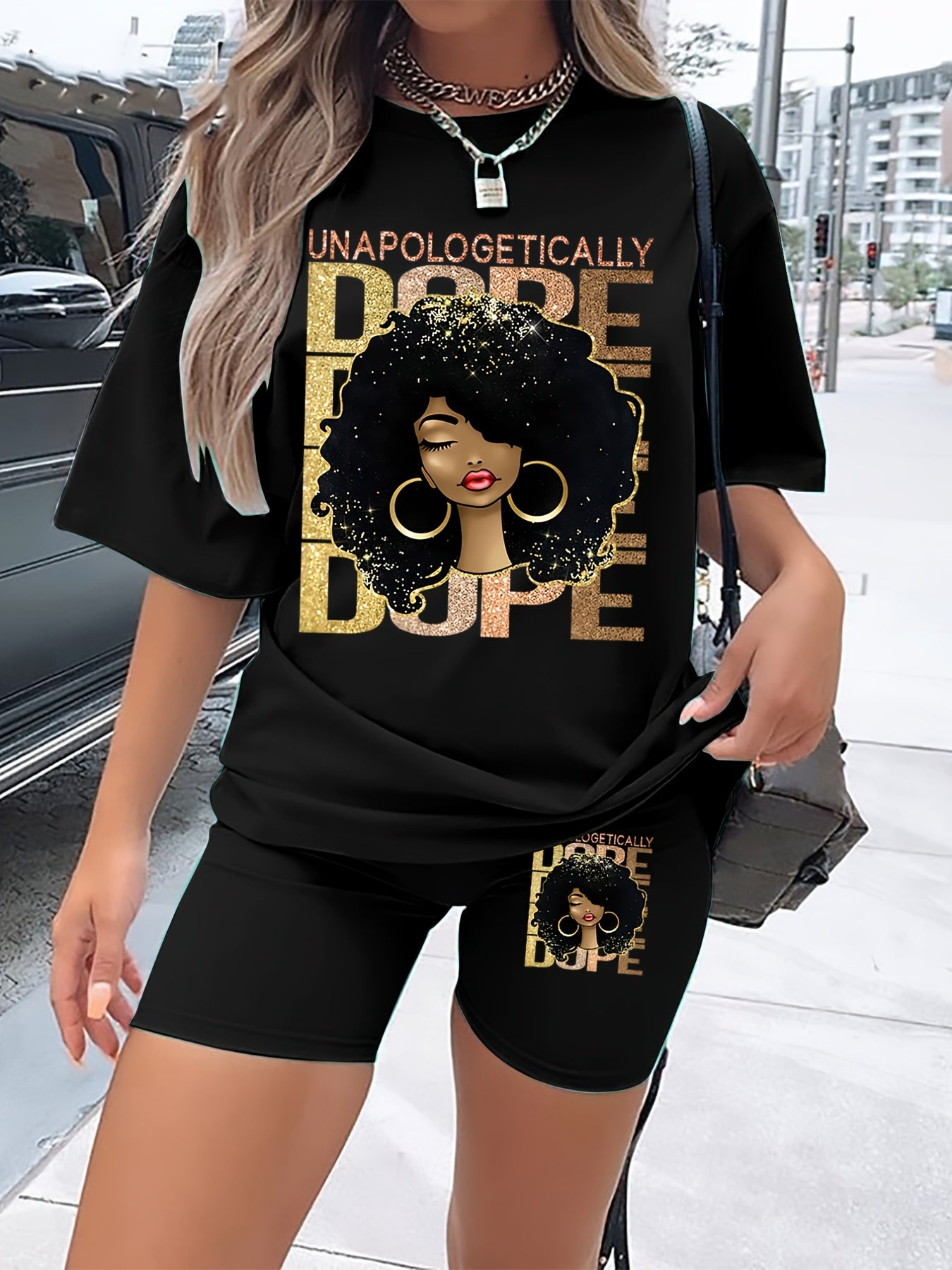  Cartoon Print Tee & Shorts Set Women's Casual 2pcs Outfits