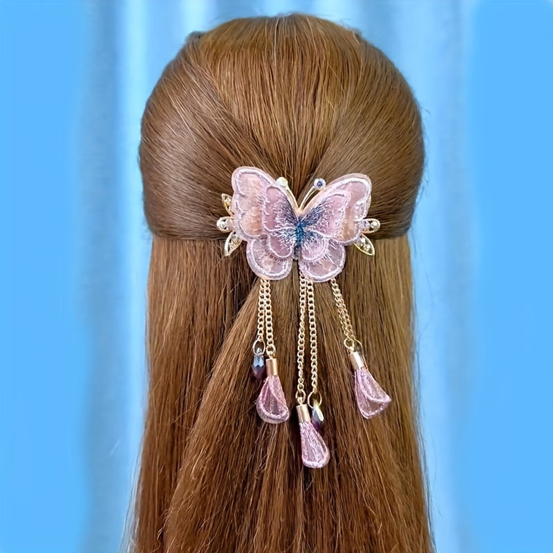 Butterfly Barrette With Crystal Tassel Hair Claw