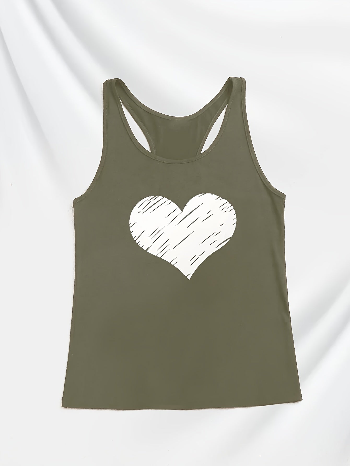  Casual Heart Print Tank Top Women's Plus Round Neck Racer Back Tank