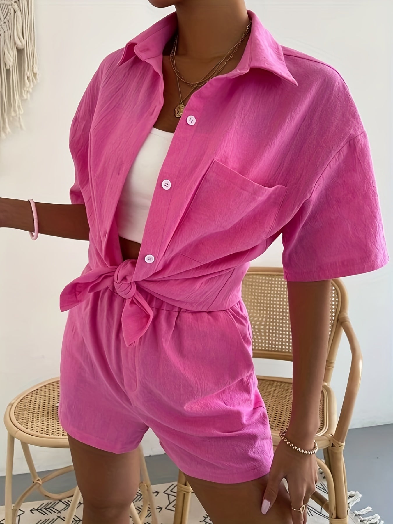 Casual Button Front Shirt & Shorts Set