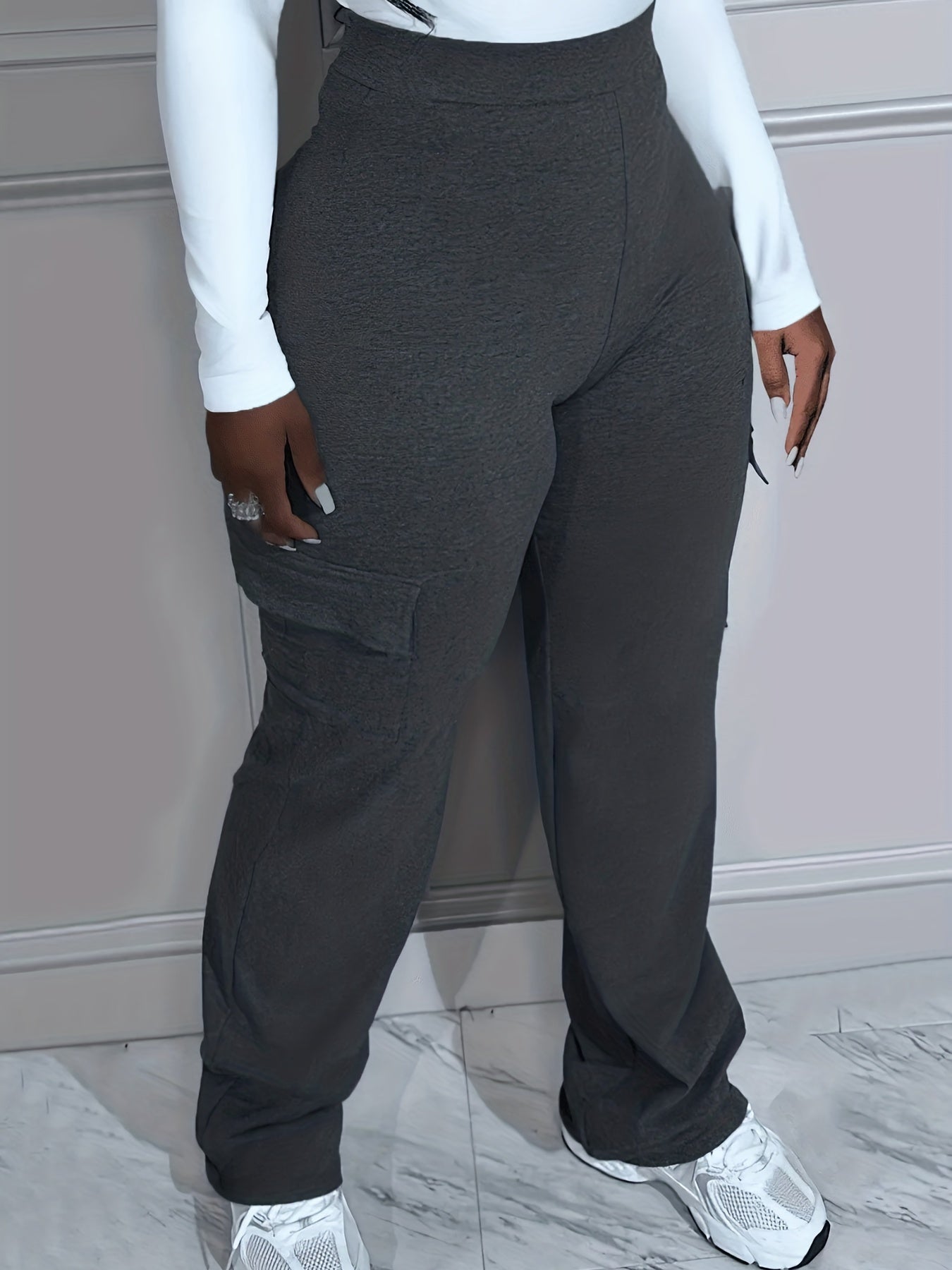 Plus Size High Rise Stretch Straight Leg Trousers With Pockets