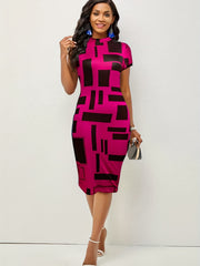  Geo Print Mock Neck Cap Sleeve Midi Dress