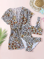 Girl's Floral Tropical Print Bikini Bathing Suit With Kimono