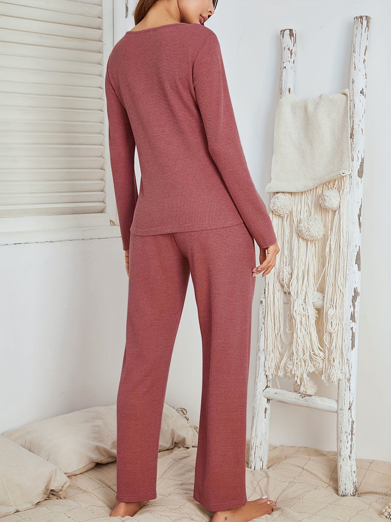 Waffle Lounge Set Long Sleeve V Neck Top & Pants