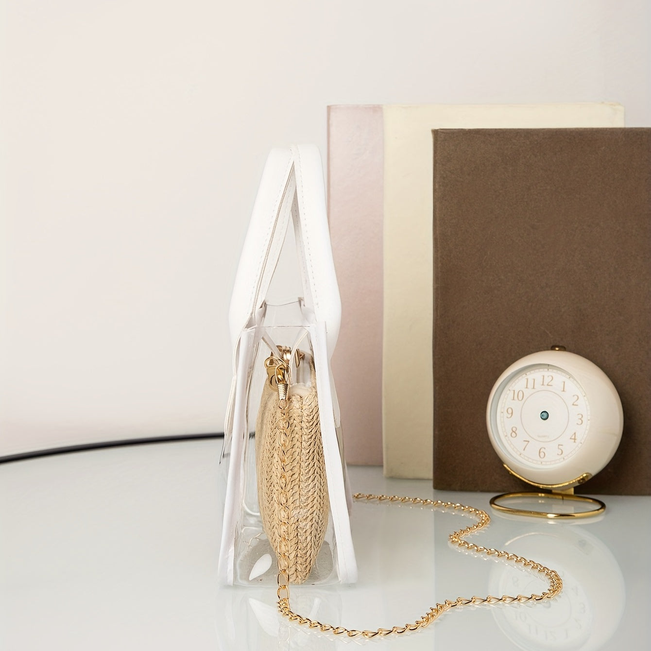 2pc Transparent & Straw Crossbody Handbag Set - Beach Vacation Essentials