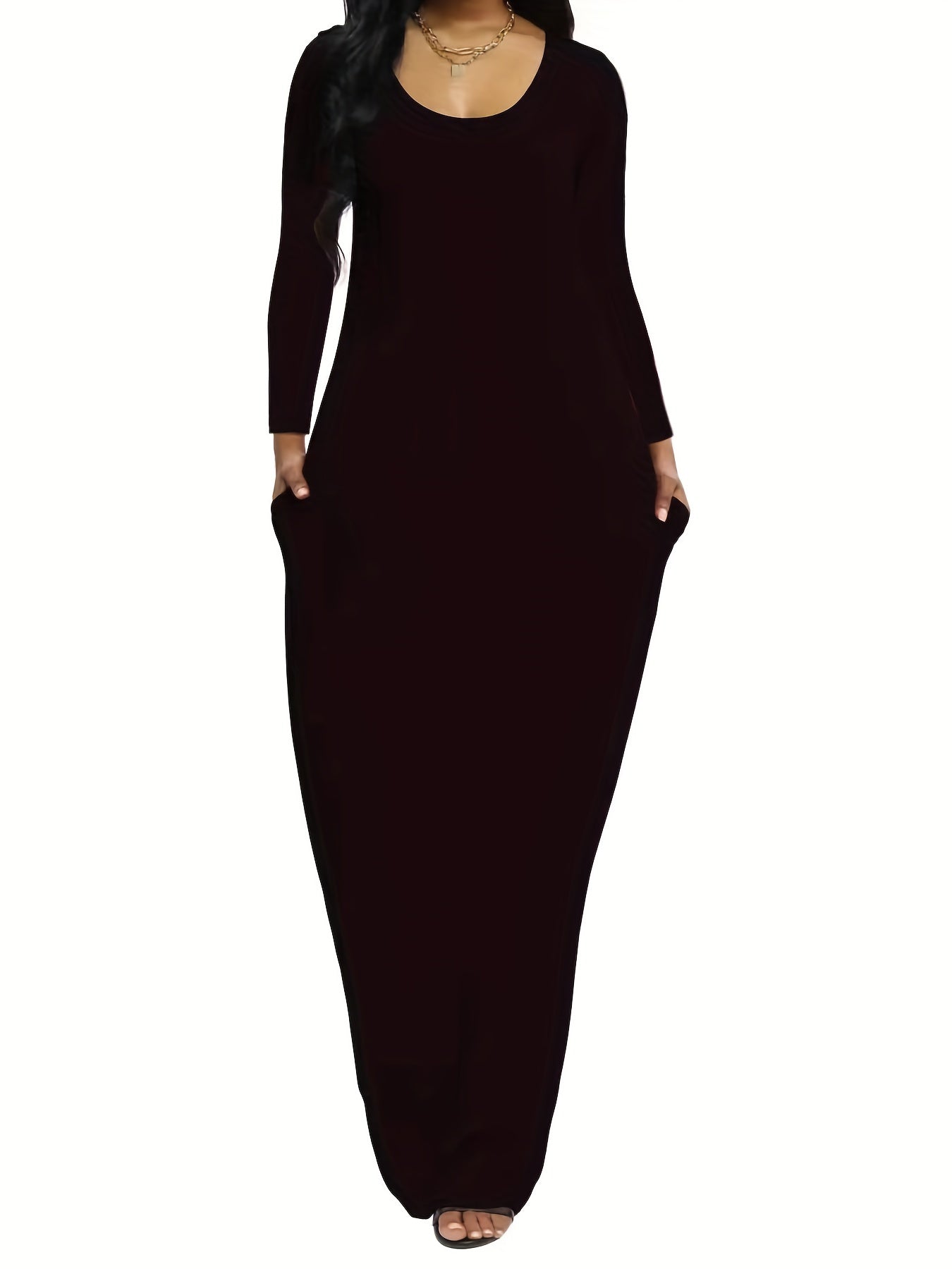  Solid Long Sleeve Maxi Dress With Pockets