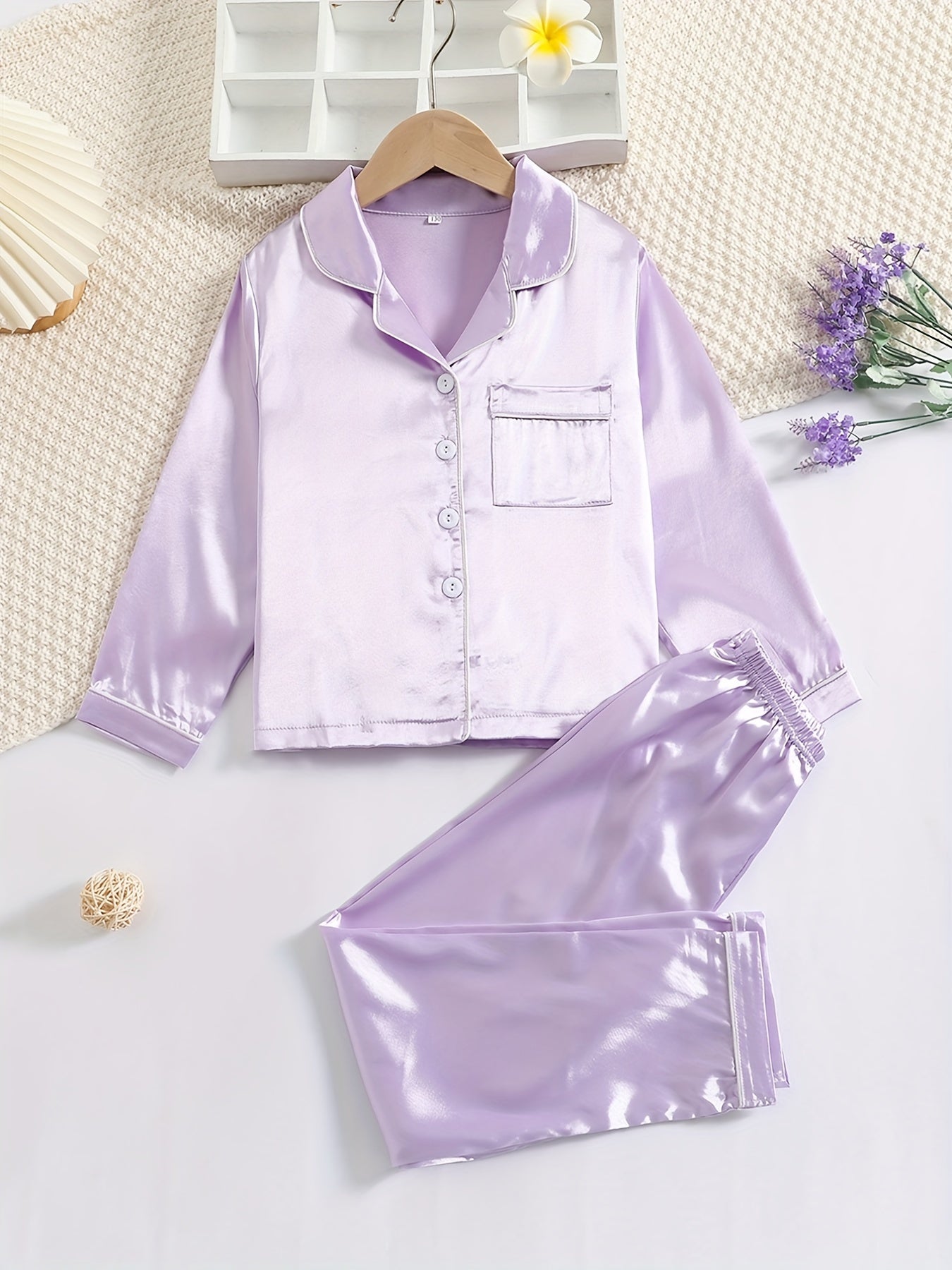 2pcs Girls Pale Pinkish Gray Pajamas Set Long Sleeve Tops & Pants
