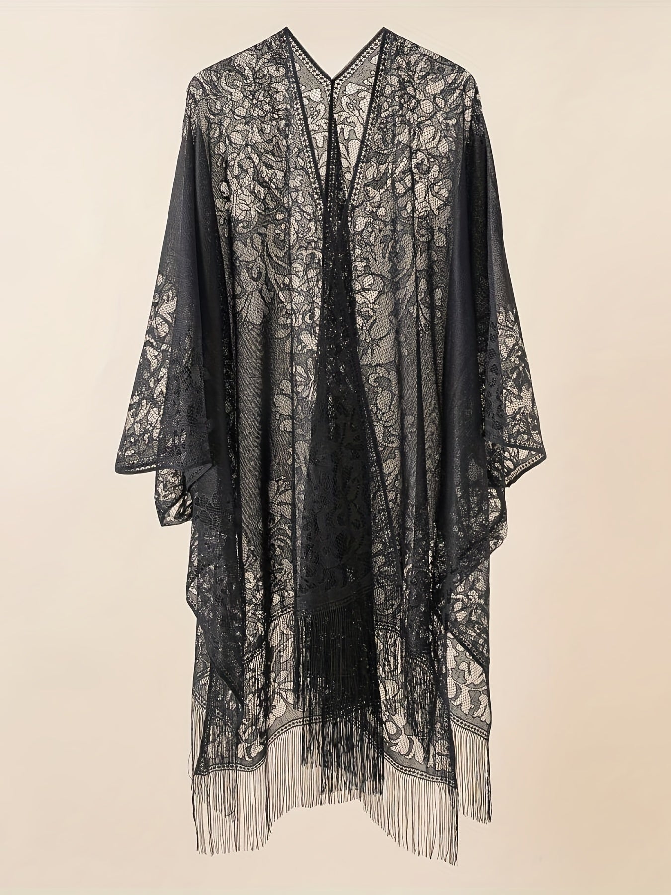  Lace Batwing Sleeve Beach Cover Up with Tassel Trim