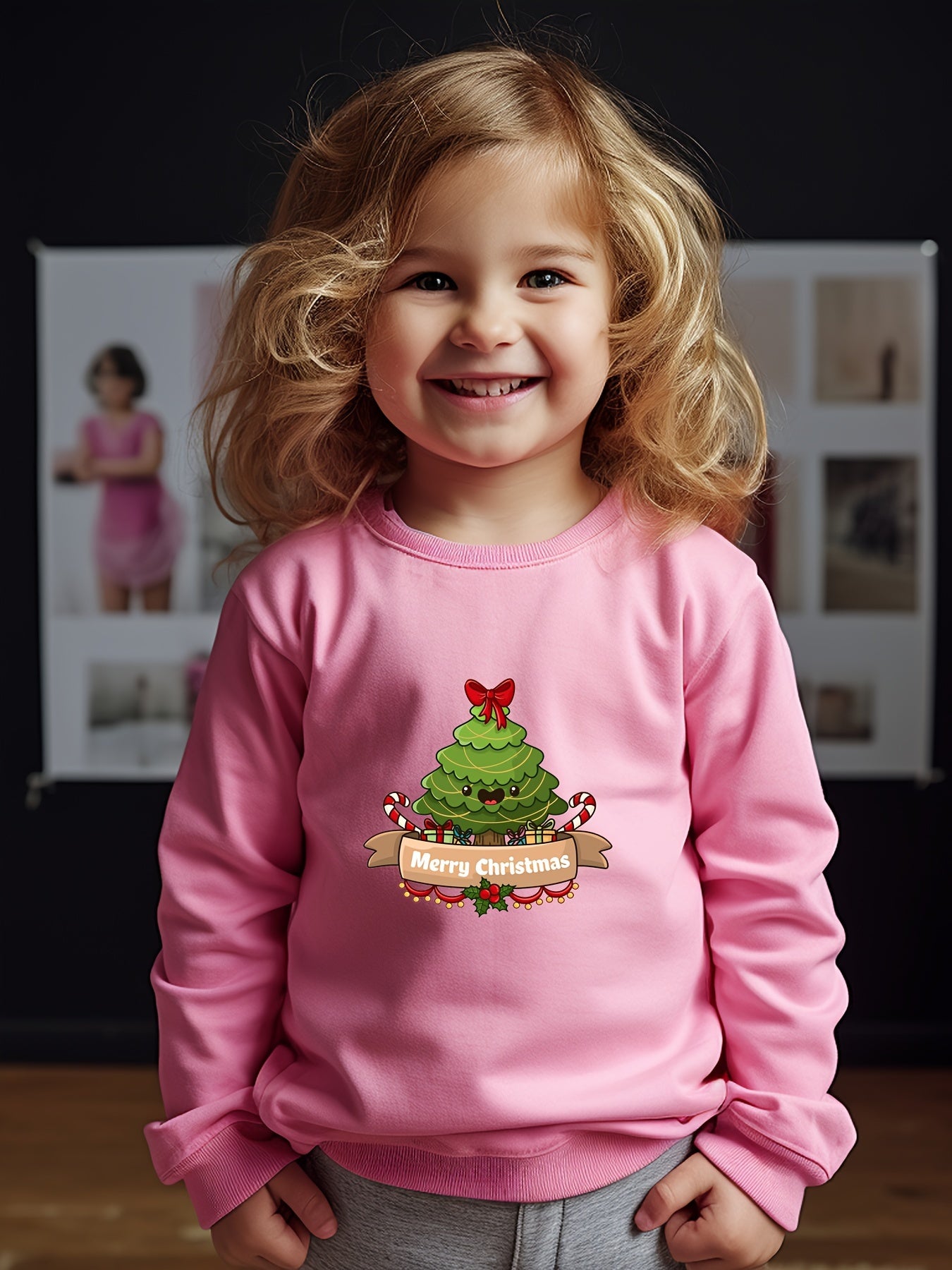 Candy Cane Tree Graphic Crew Neck Long Sleeve Sweatshirt for Kids