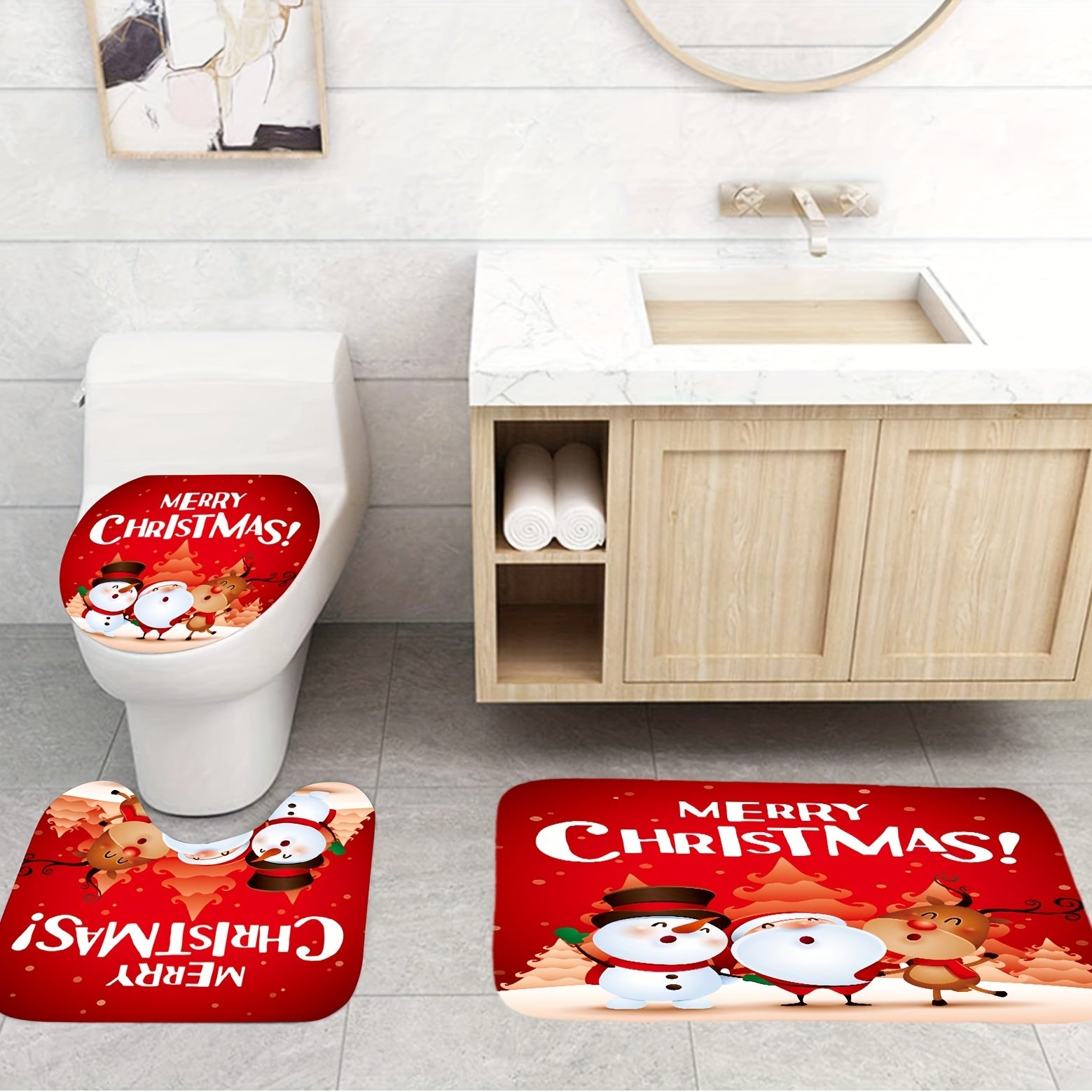 Christmas Snowman Red Shower Curtain Set