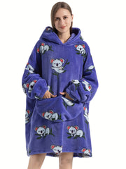  Women's Cartoon Koala Pattern Fleece Hooded Robe