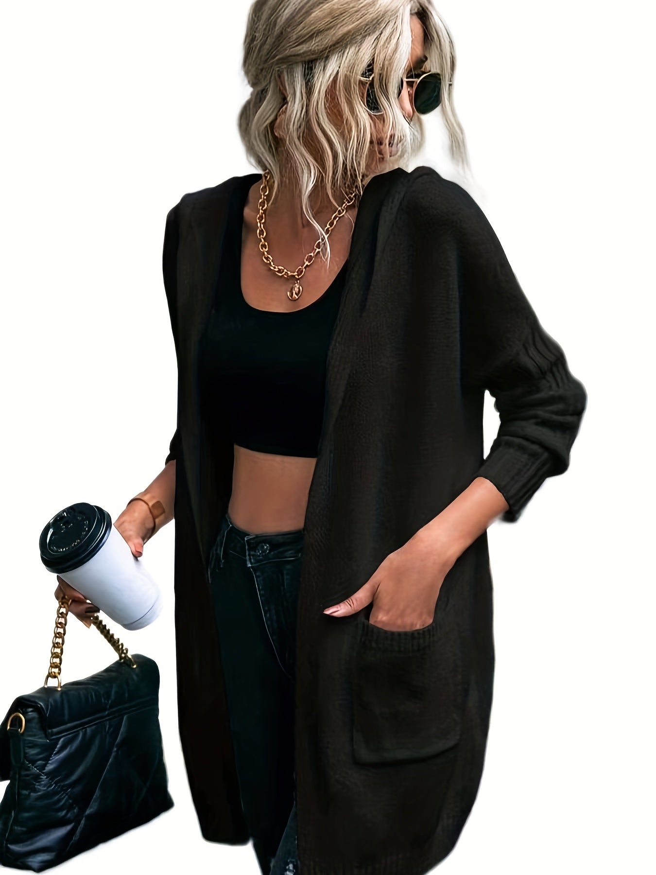  Open Front Hooded Cardigan with Pockets