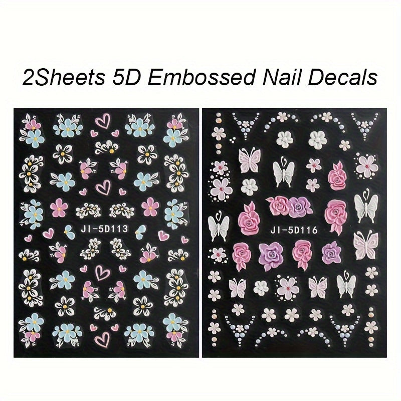 5D Pink Petals Butterfly Nail Stickers French Line Acrylic Spring