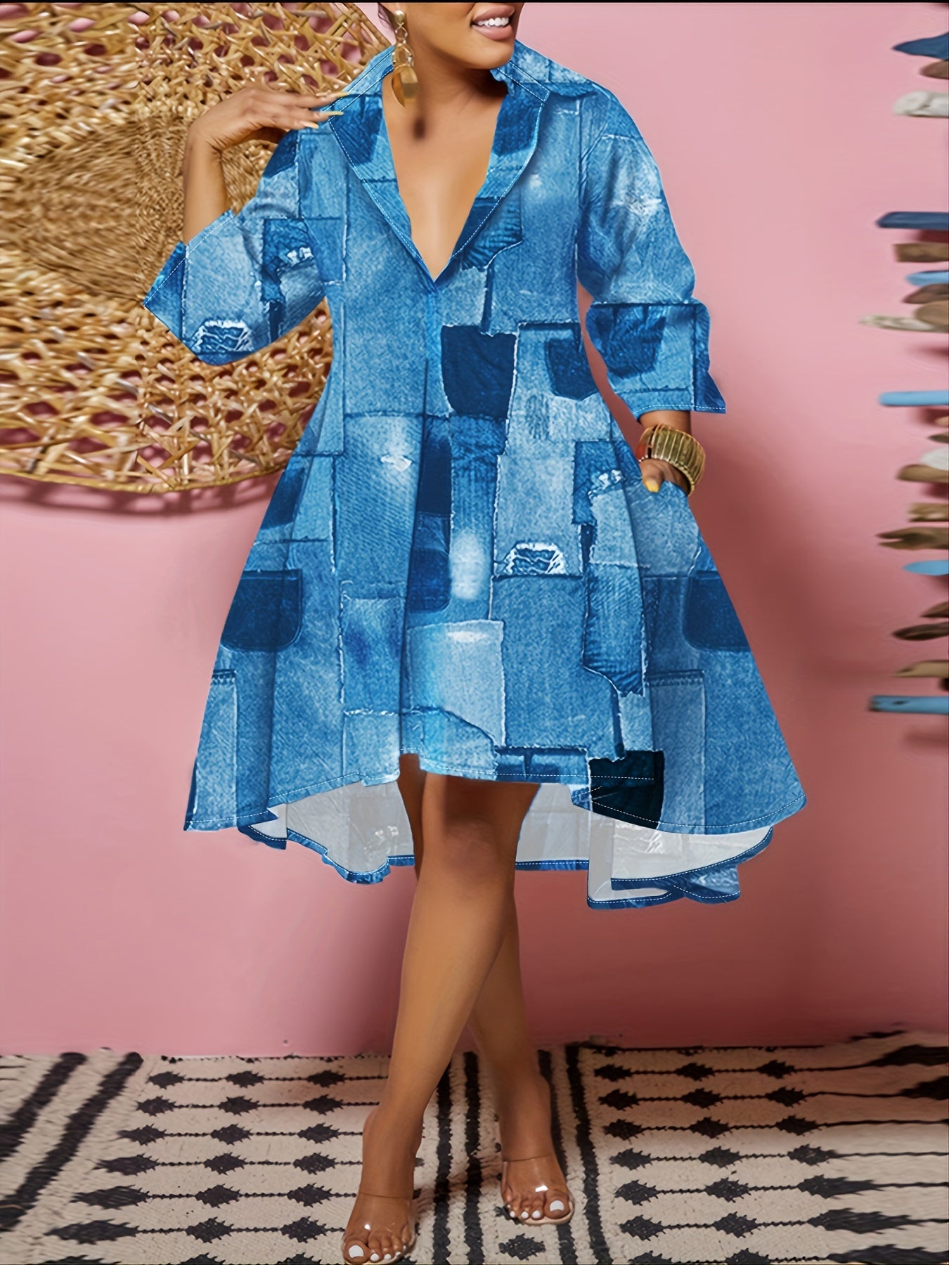  Denim Print Long Sleeve Dress