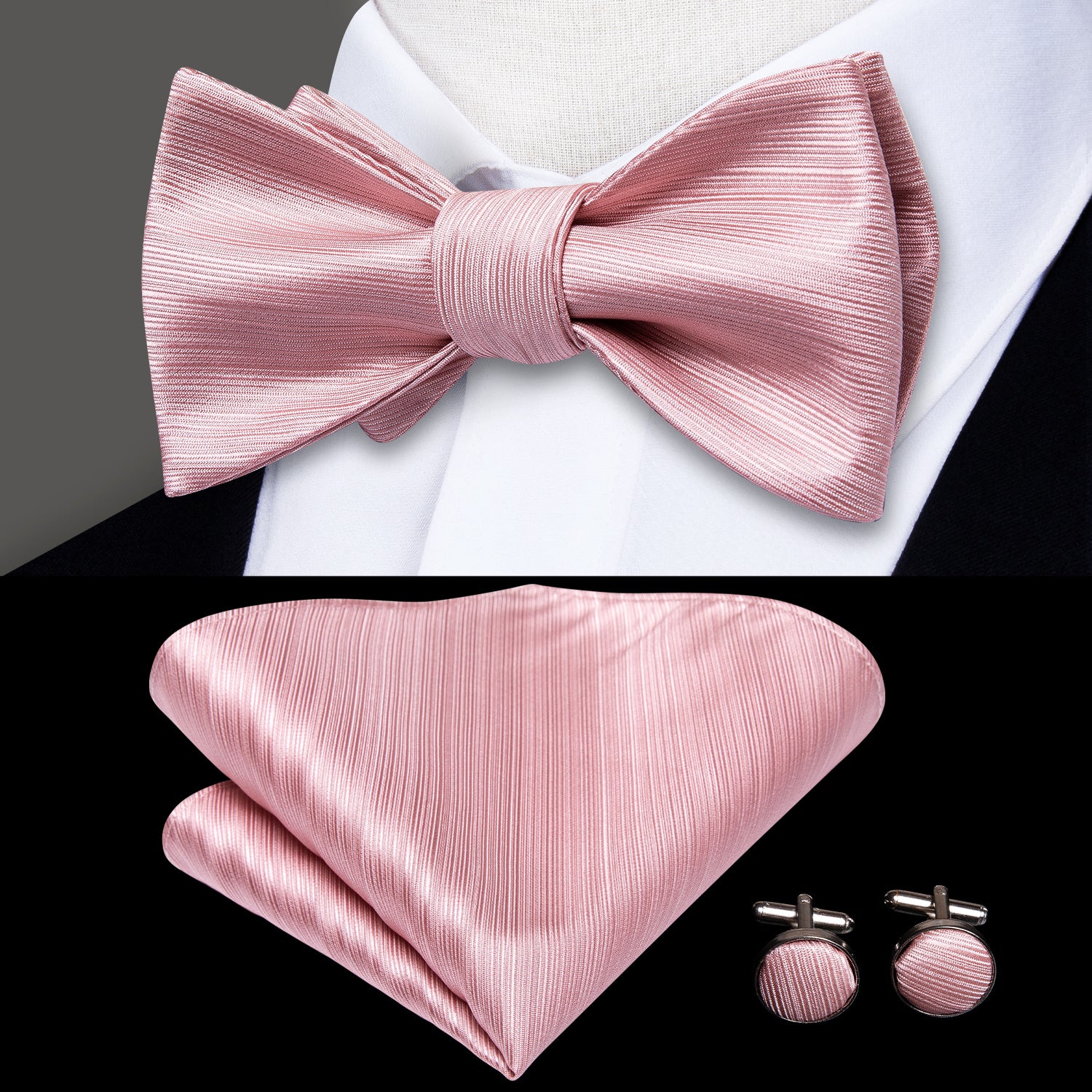Men's Self Bow Ties Silk Set Necktie Bow Tie Pocket Square Cufflinks
