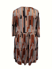  Geometric & Floral Print Half Sleeve Dress