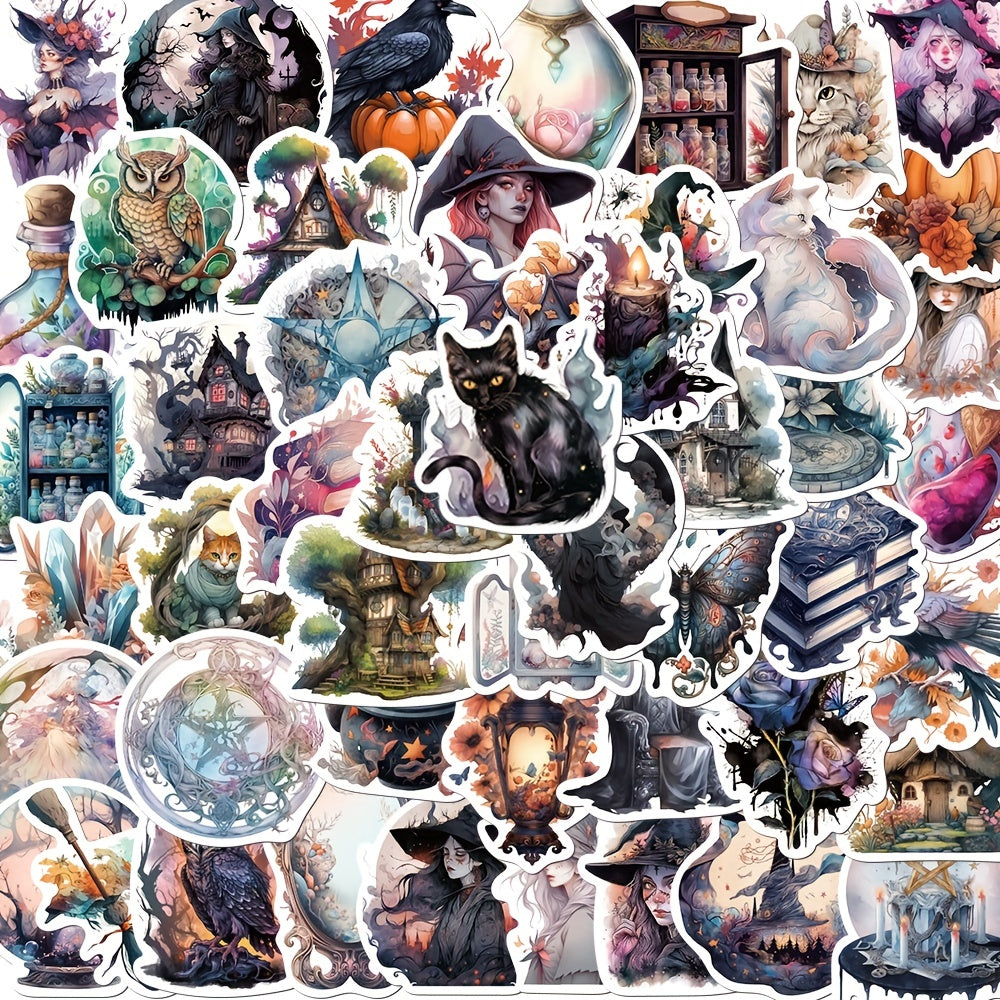 50pcs Halloween Witch Stickers Pack - Waterproof Vinyl Stickers
