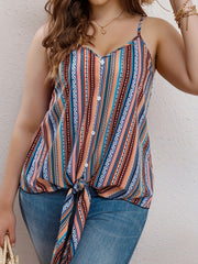  Striped Print Button Decor V Neck Tie Front Cami Top