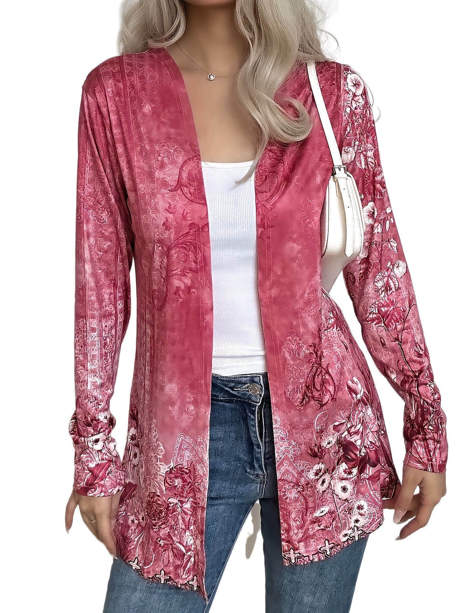  Floral Print Long Sleeve Open Front Cardigan
